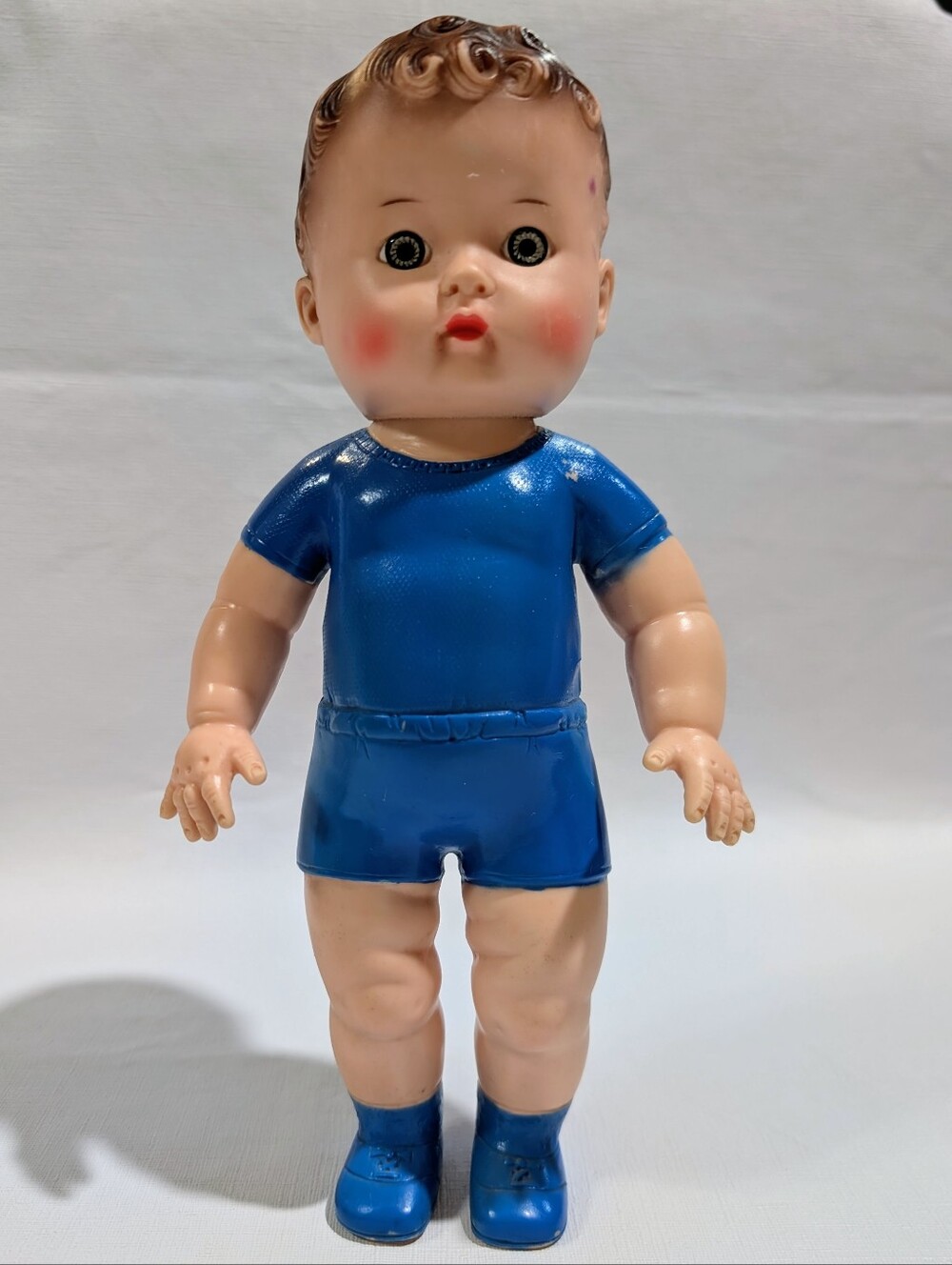 Vintage 1956 Sun Rubber Co 10" Boy Doll Blue Molded Clothes Ruth E Newton artist